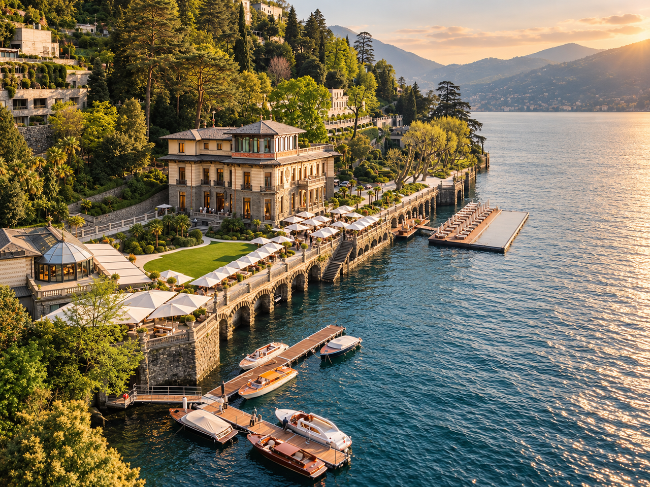 Aerial view of Mandarin Oriental’s lakeside terraces and boat docks