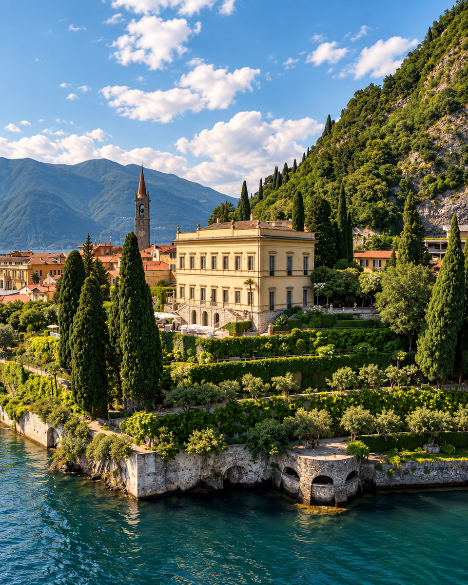 Villa Cipressi’s lakeside garden with a church tower beyond