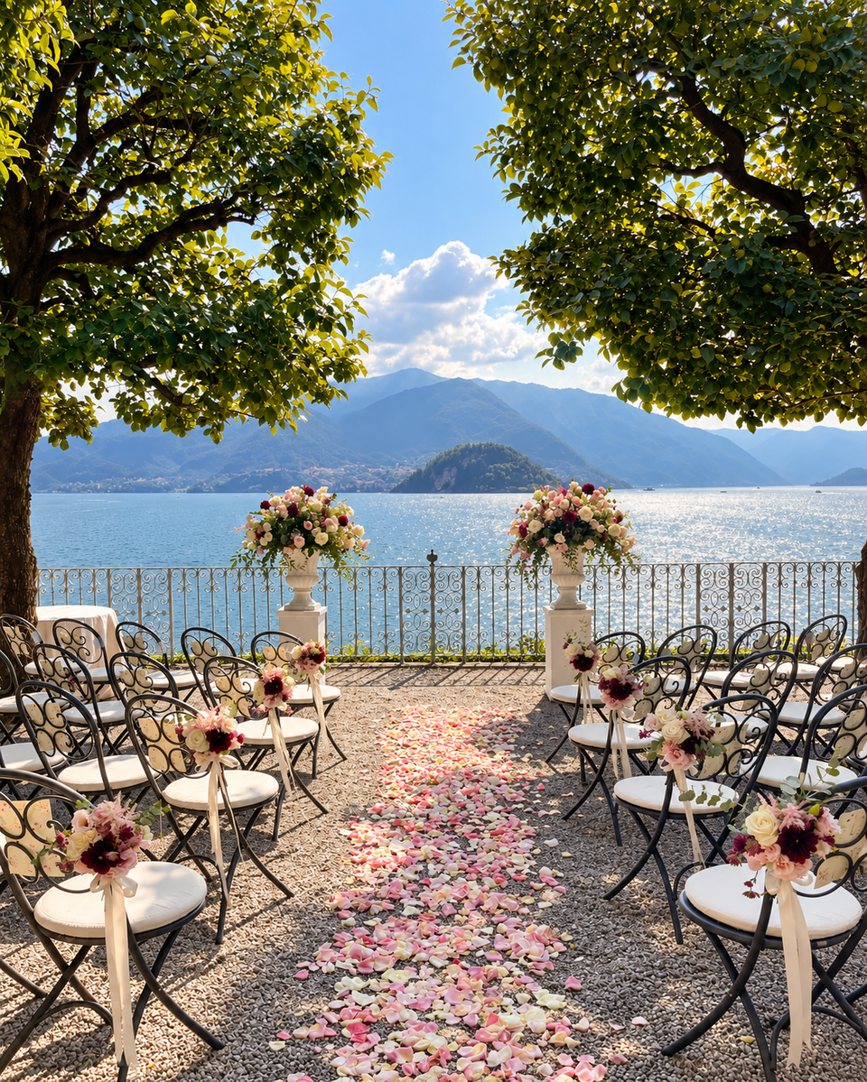 Ceremony chairs on a garden terrace at Villa Cipressi