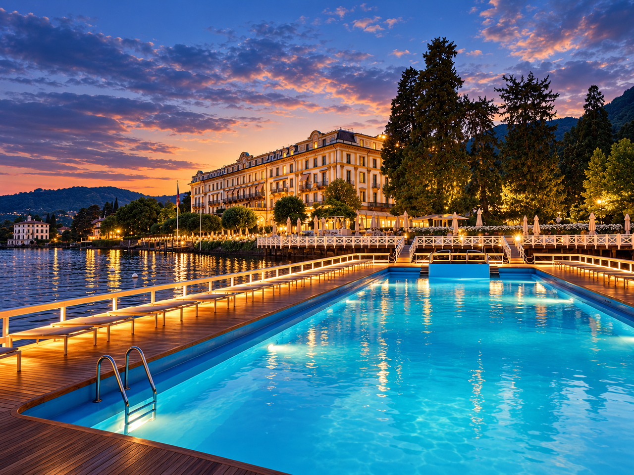 Villa d’Este and its pool illuminated at dusk
