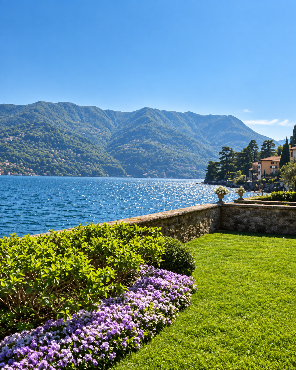 Lakefront garden bordered by hedges and flowers at Villa Regina Teodolinda