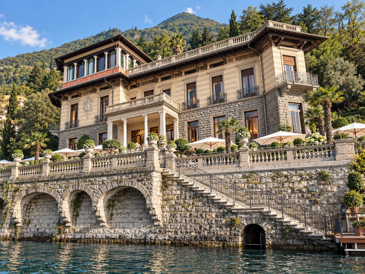Lakeside facade of Mandarin Oriental with an arched terrace