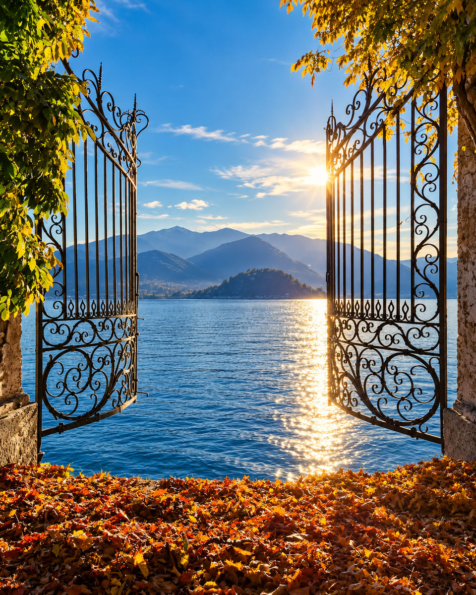 Lake Como framed by garden gates and foliage at Villa Cipressi