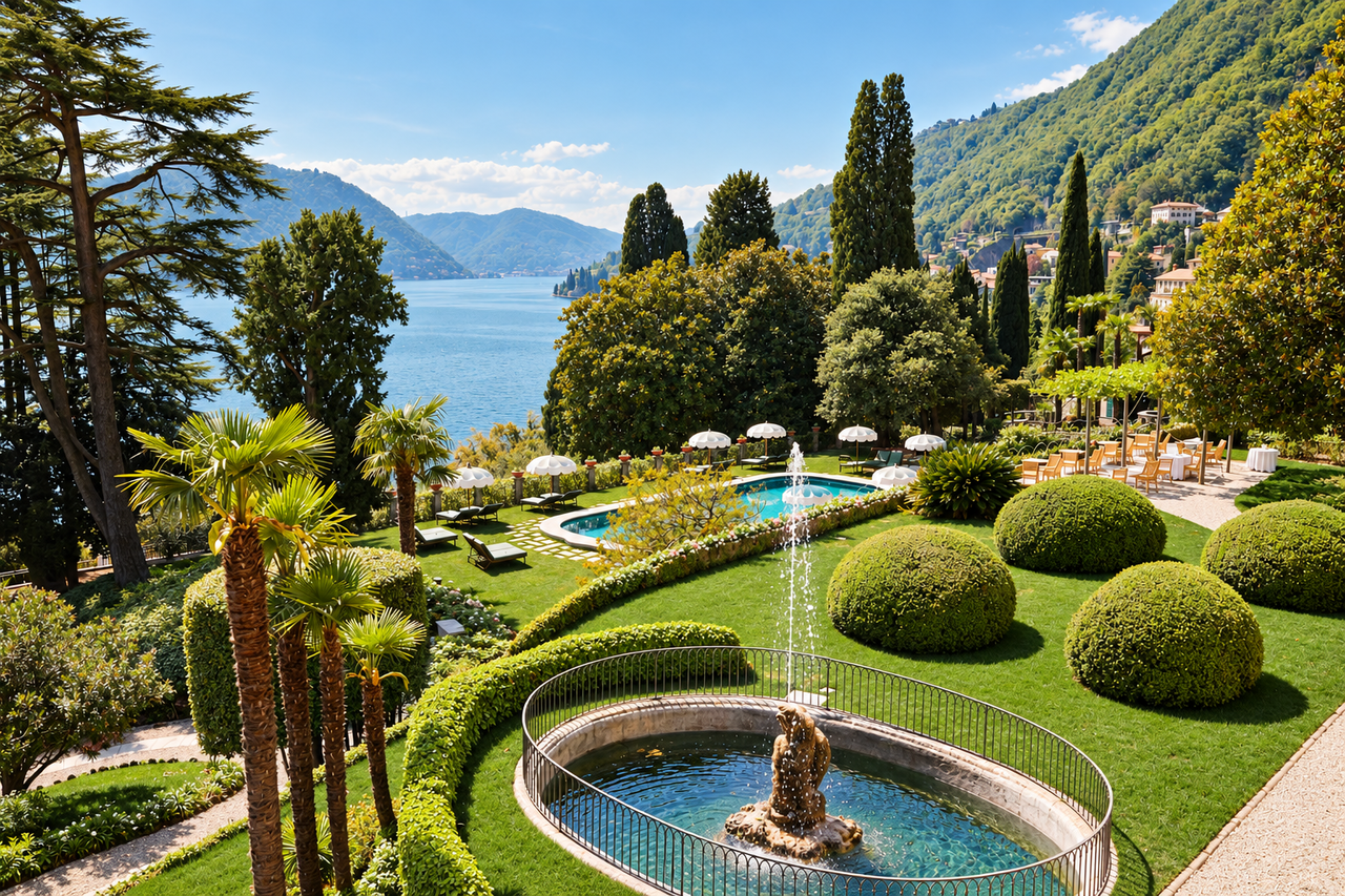 Formal garden and fountain at Passalacqua