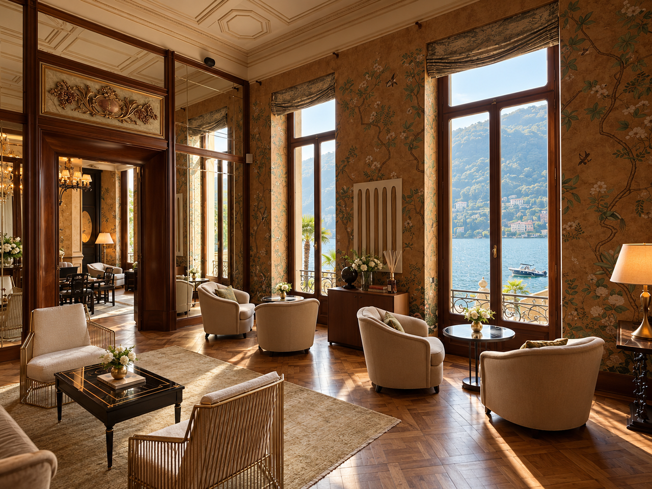 Lounge with tall windows and upholstered chairs at Mandarin Oriental