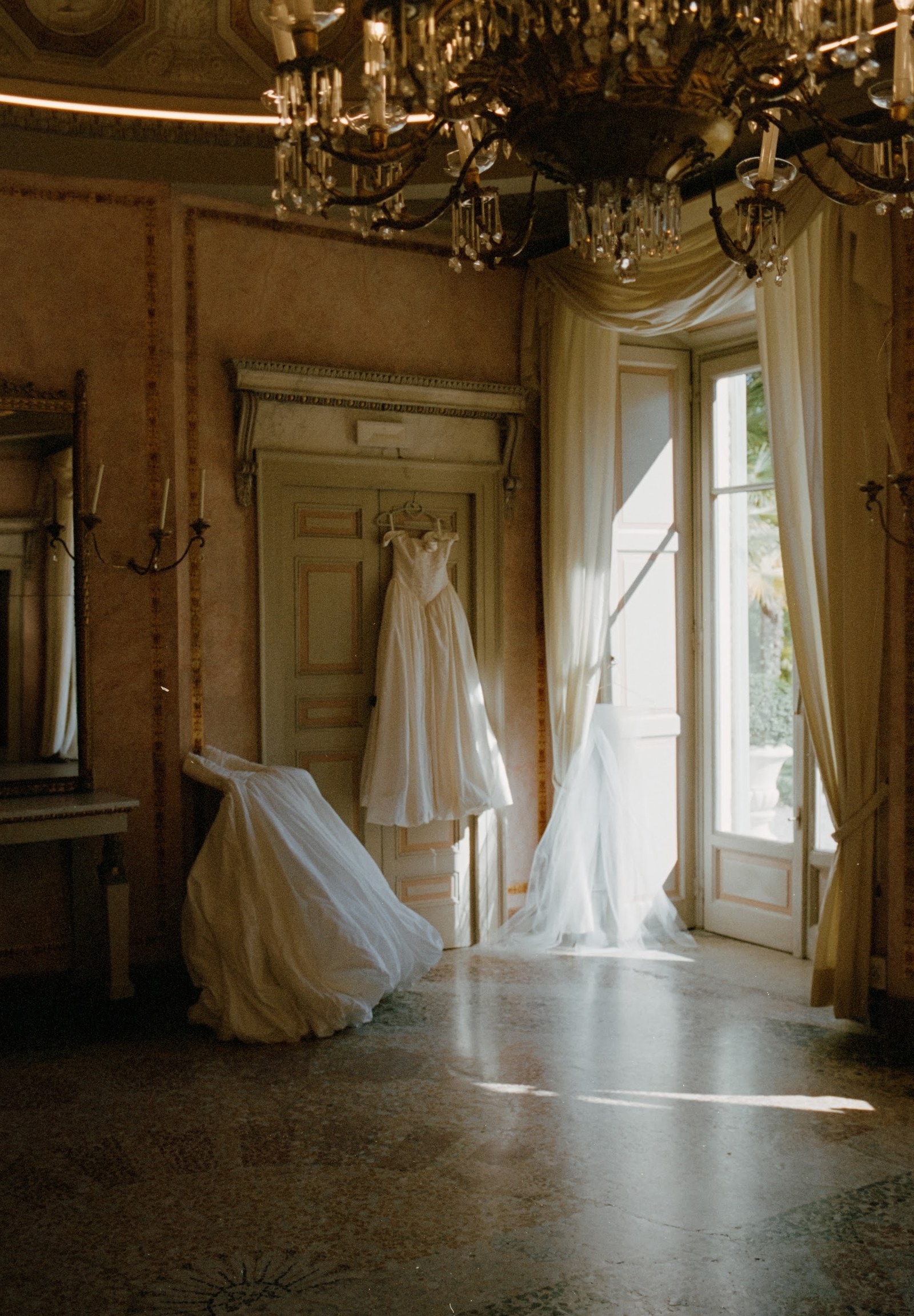 Wedding dress in an ornate room at Villa Revel Parravicini