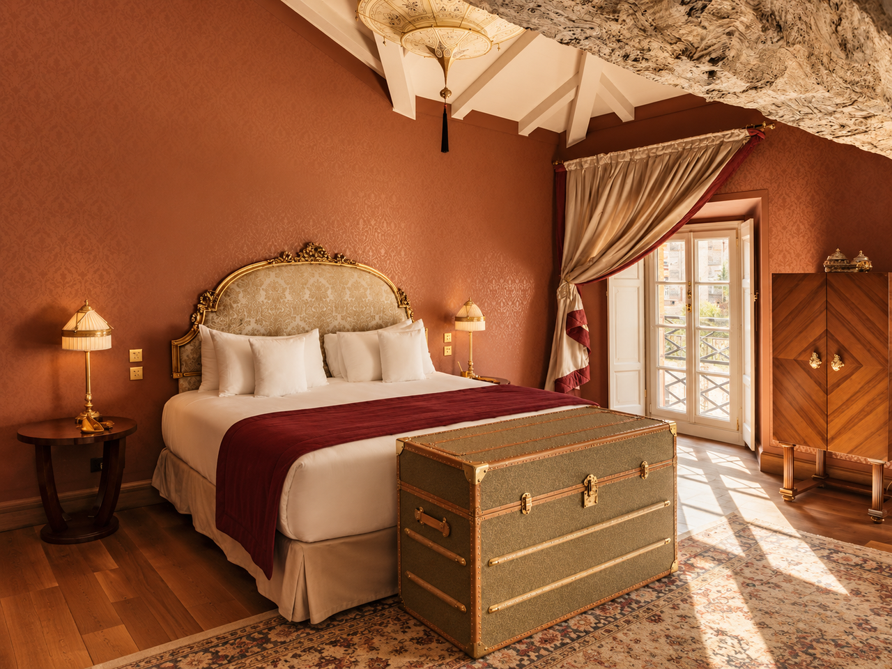 Bedroom with burgundy walls at Passalacqua