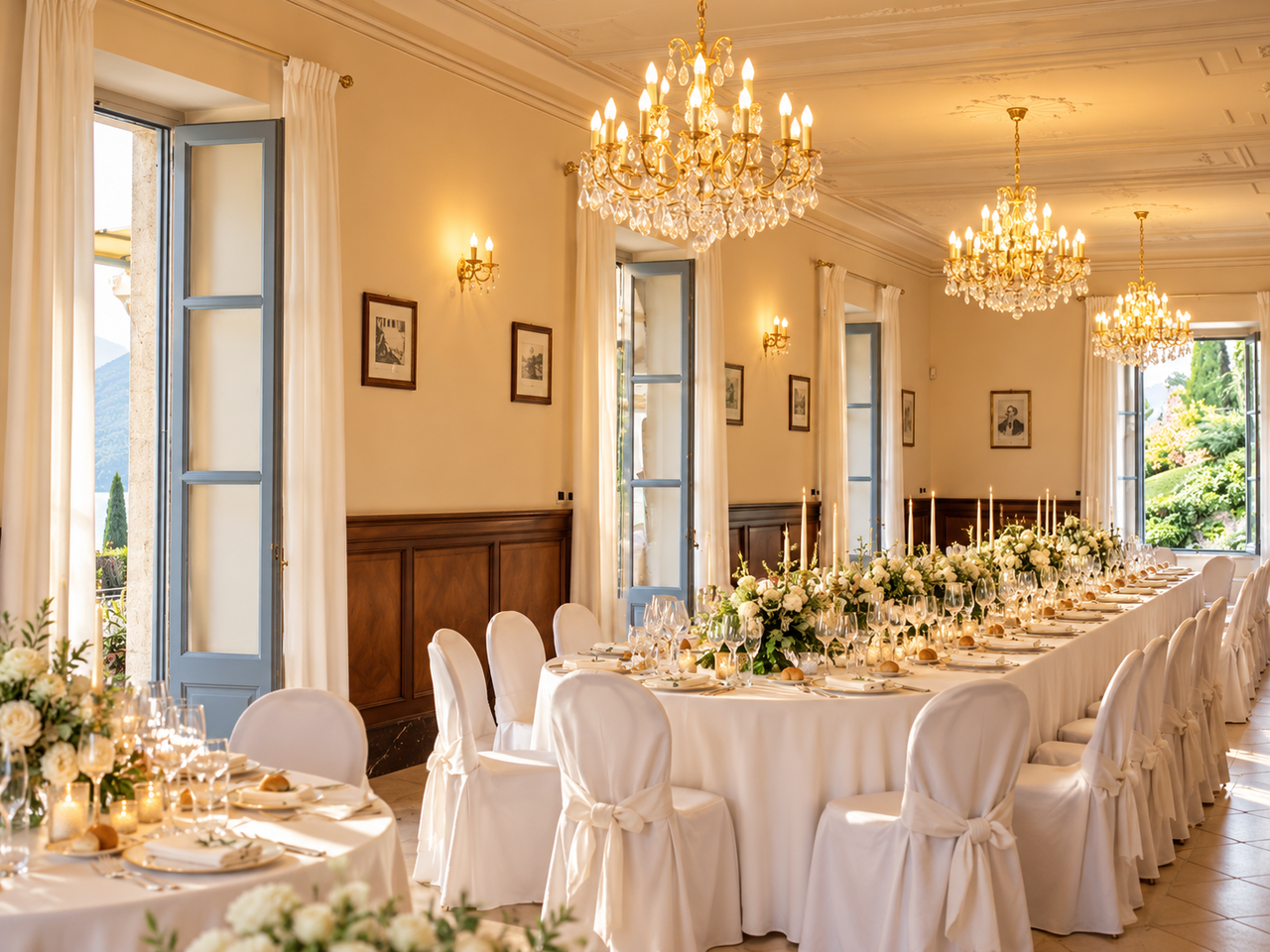 Long dining table beneath chandeliers at Villa Aura del Lago