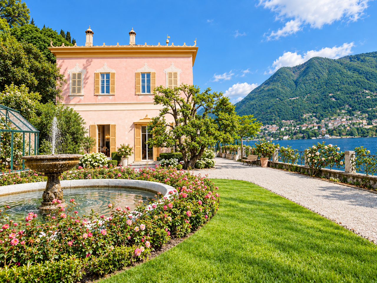 Villa Pizzo, its fountain and gardens beside the lake