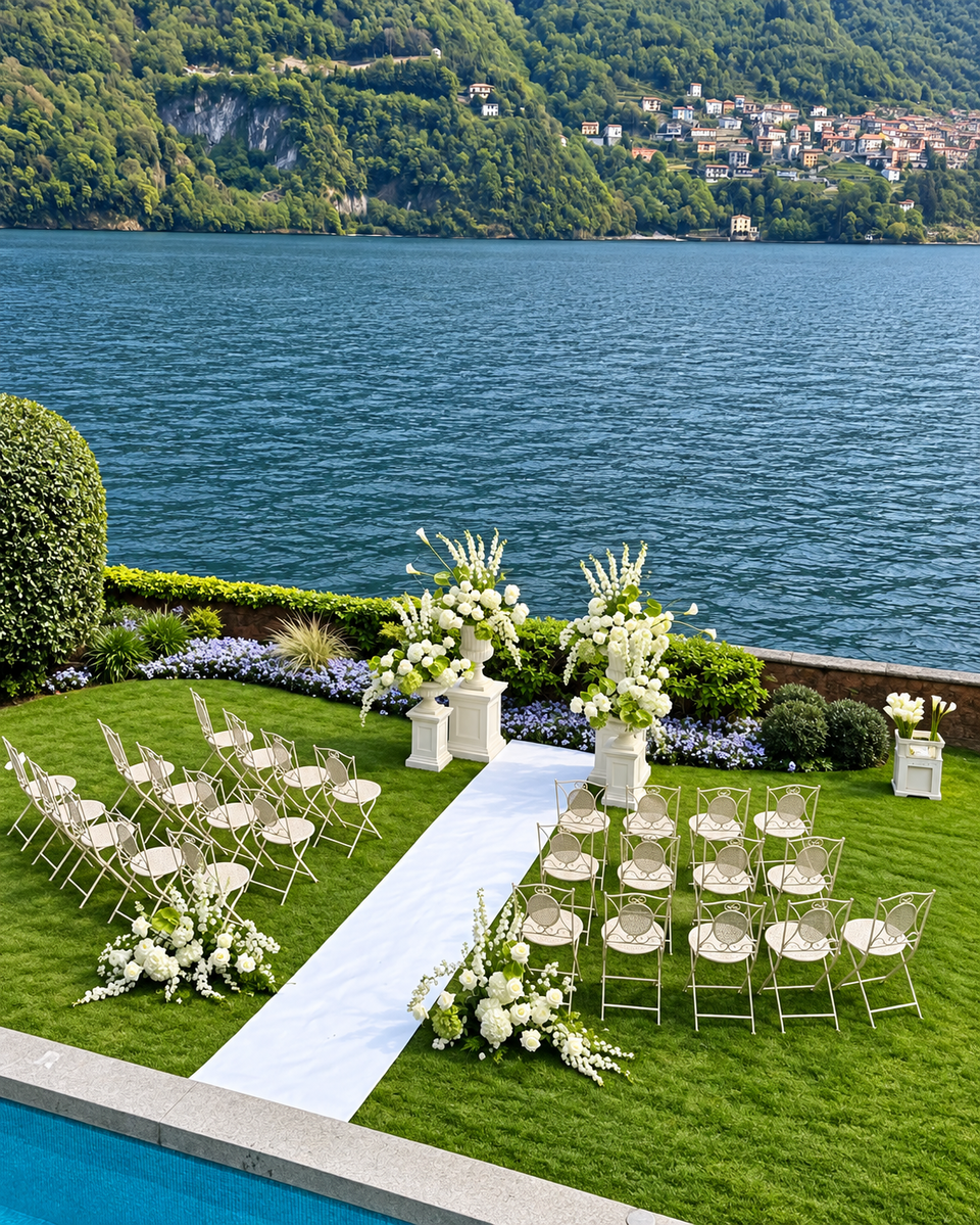 Rows of chairs on the lawn at Villa Regina Teodolinda