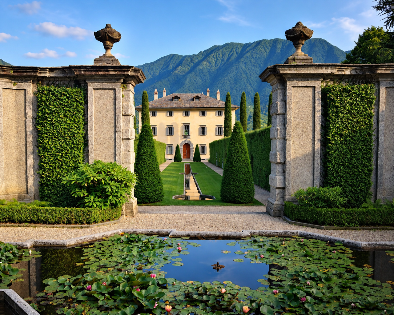 Villa Balbiano framed by a stone gate and lily pond
