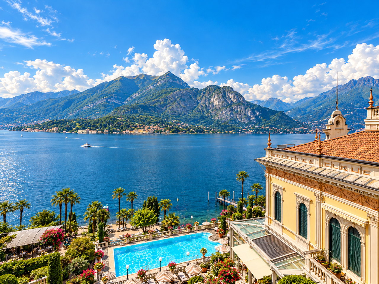 Grand Hotel Villa Serbelloni beside its lakeside pool