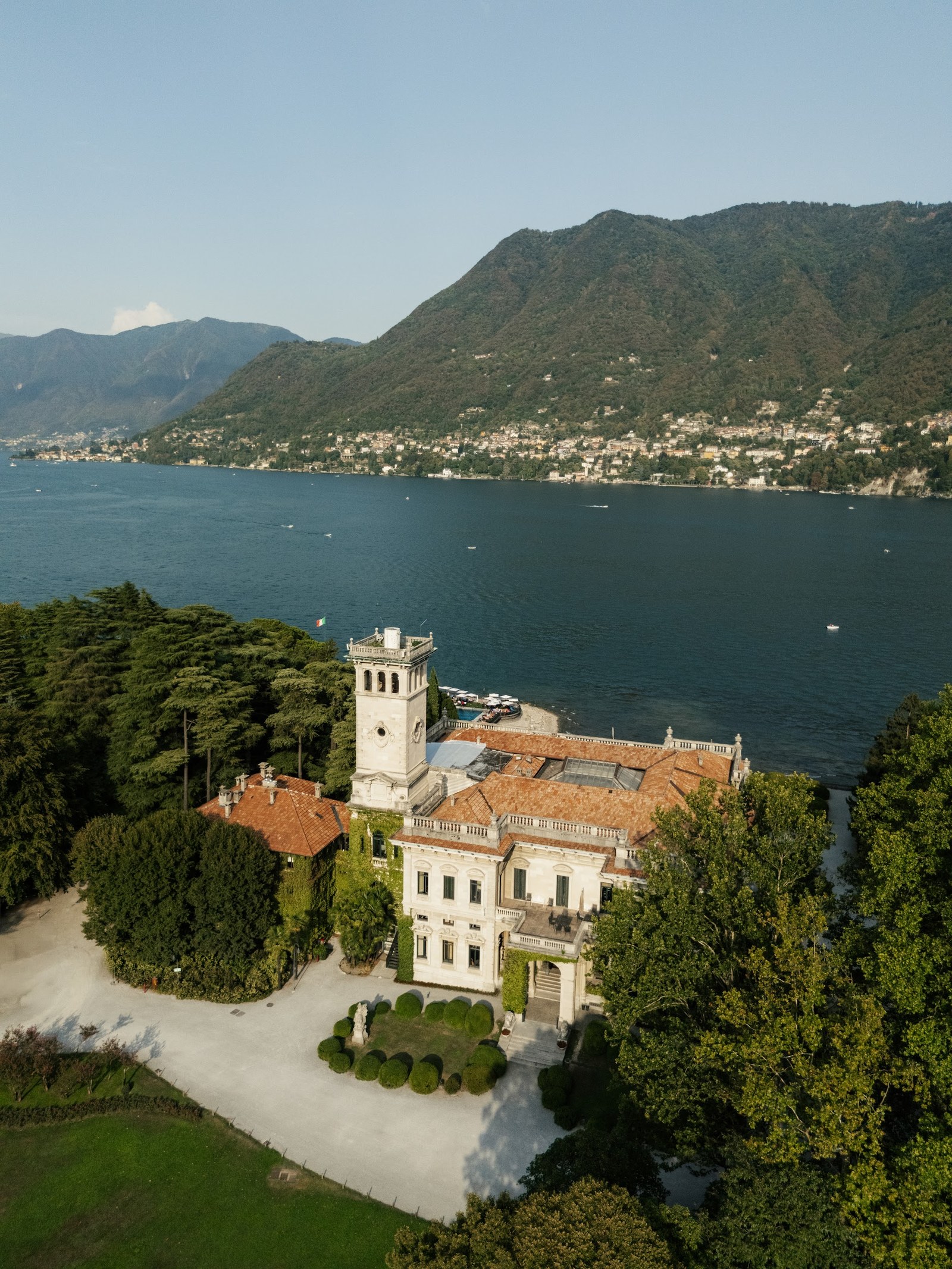 Aerial view of Villa Erba and its lakeside grounds