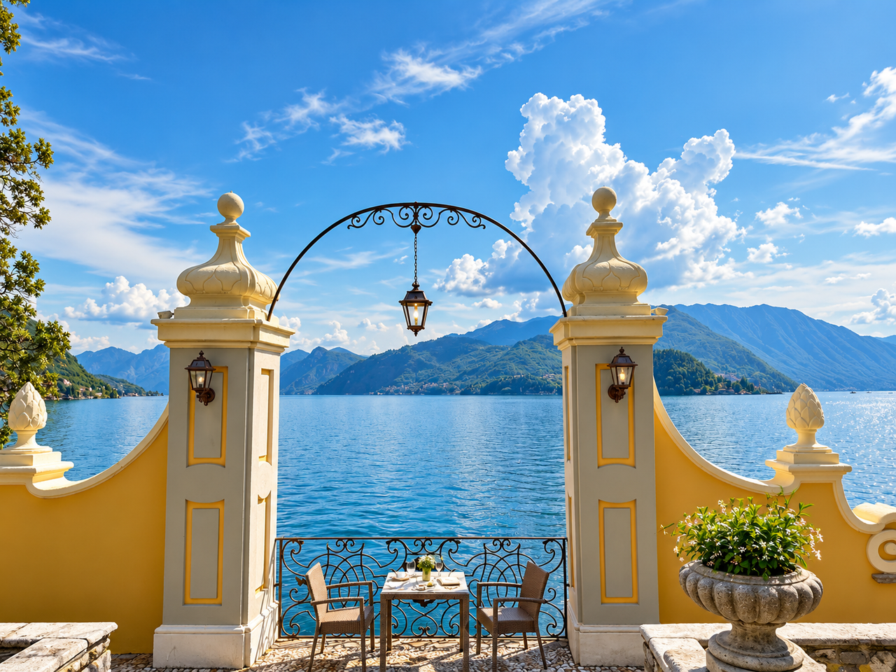 Yellow facade of Villa Cipressi beside its pool