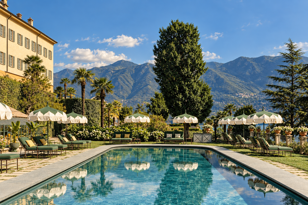 Pool and garden at Passalacqua with mountains beyond
