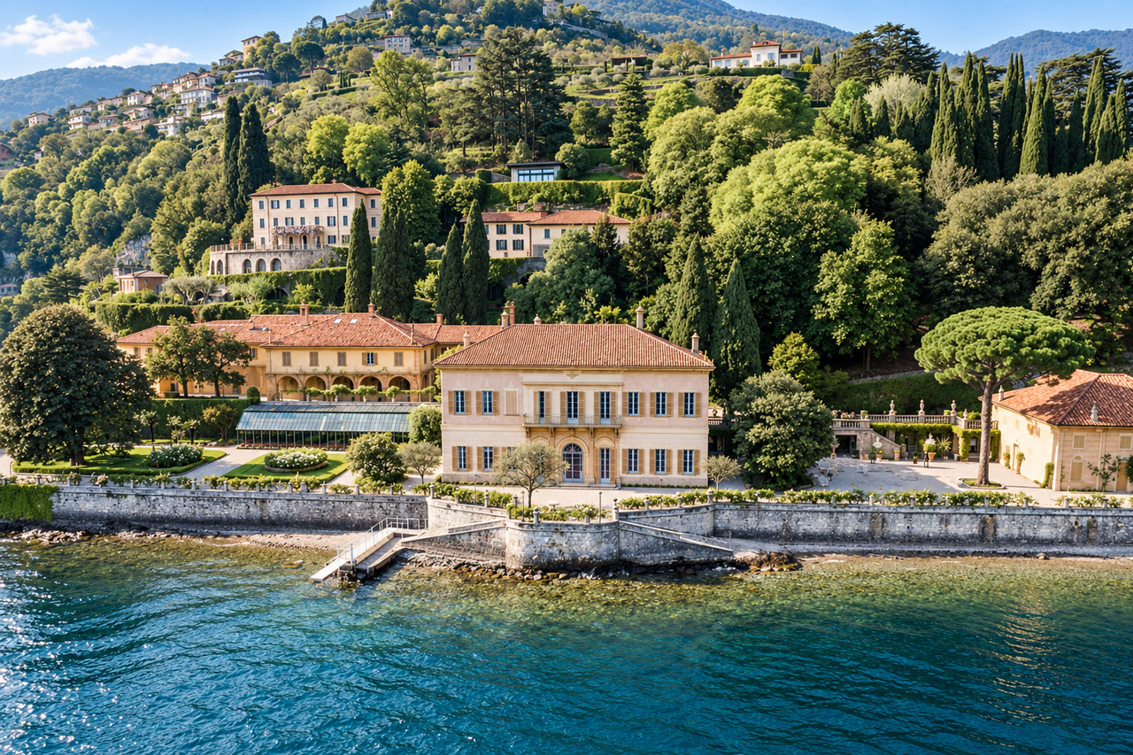 Lakeside facade of Villa Pizzo seen across the water